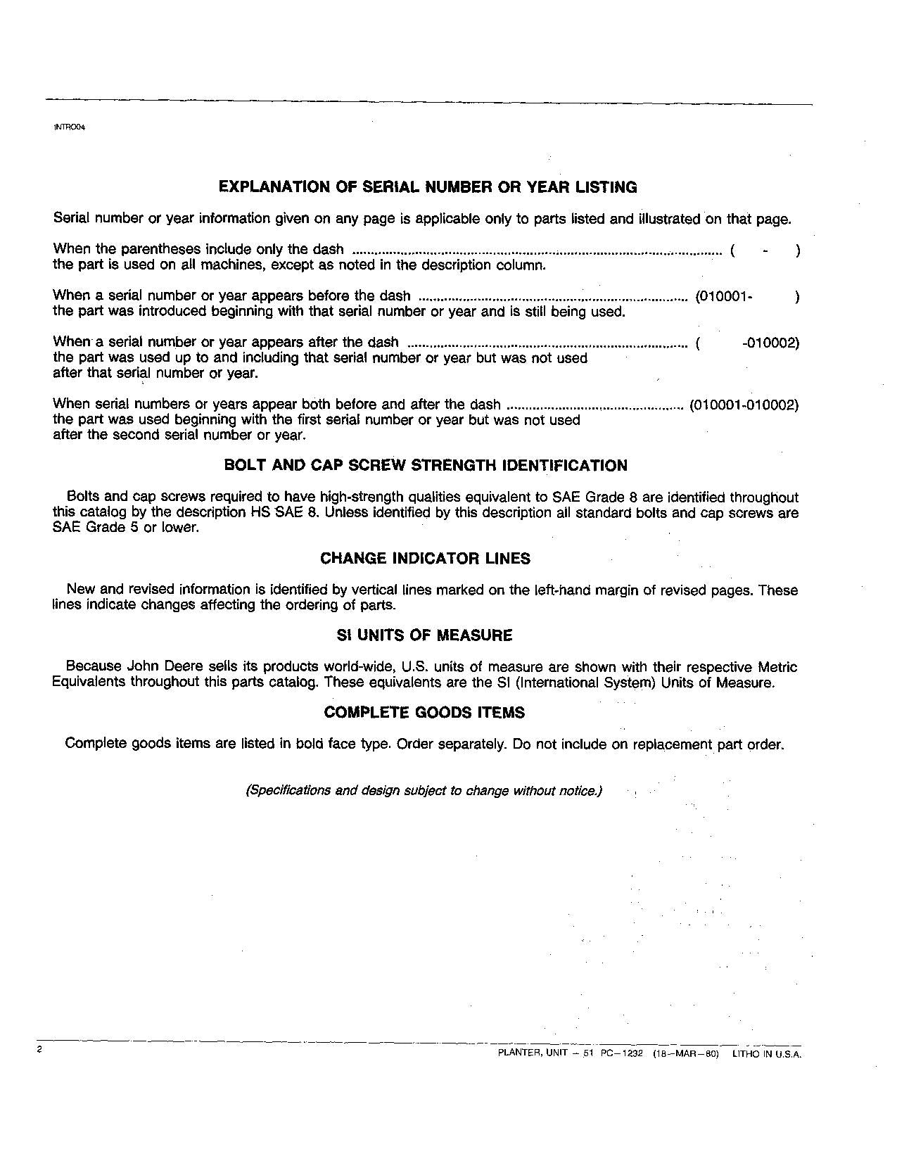 JOHN DEERE 51 PLANTER PARTS CATALOG MANUAL #2