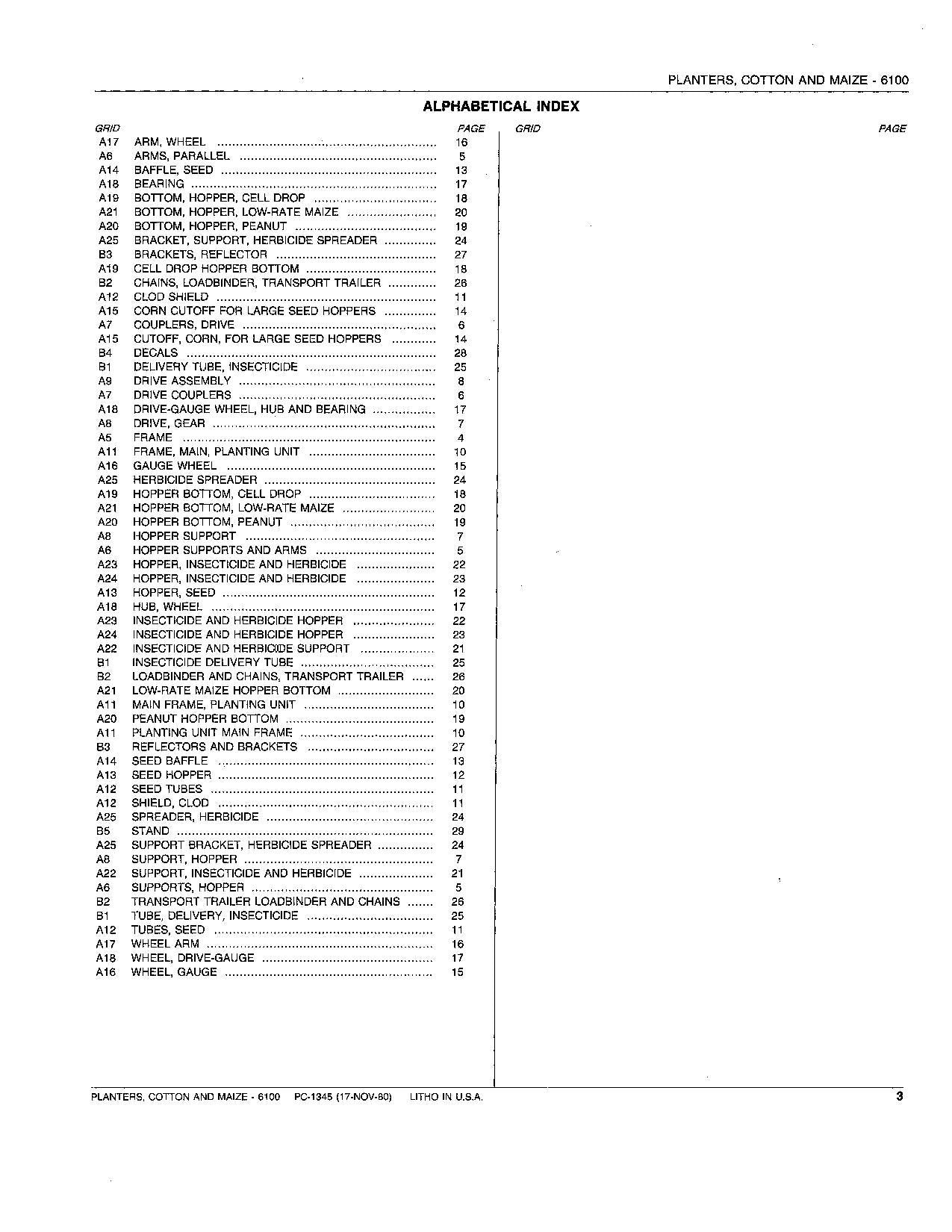 JOHN DEERE 6100 PLANTER PARTS CATALOG MANUAL #2