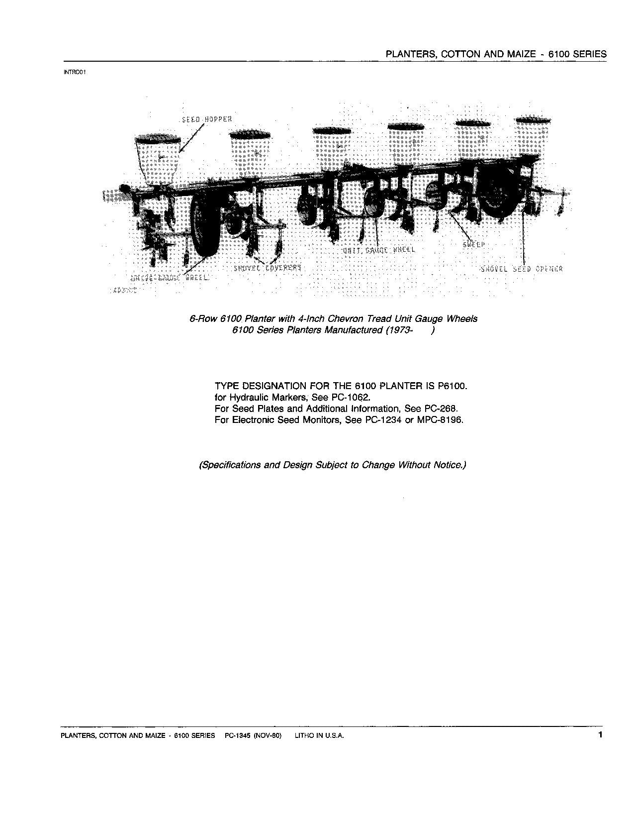 JOHN DEERE 6100 PLANTER PARTS CATALOG MANUAL #2