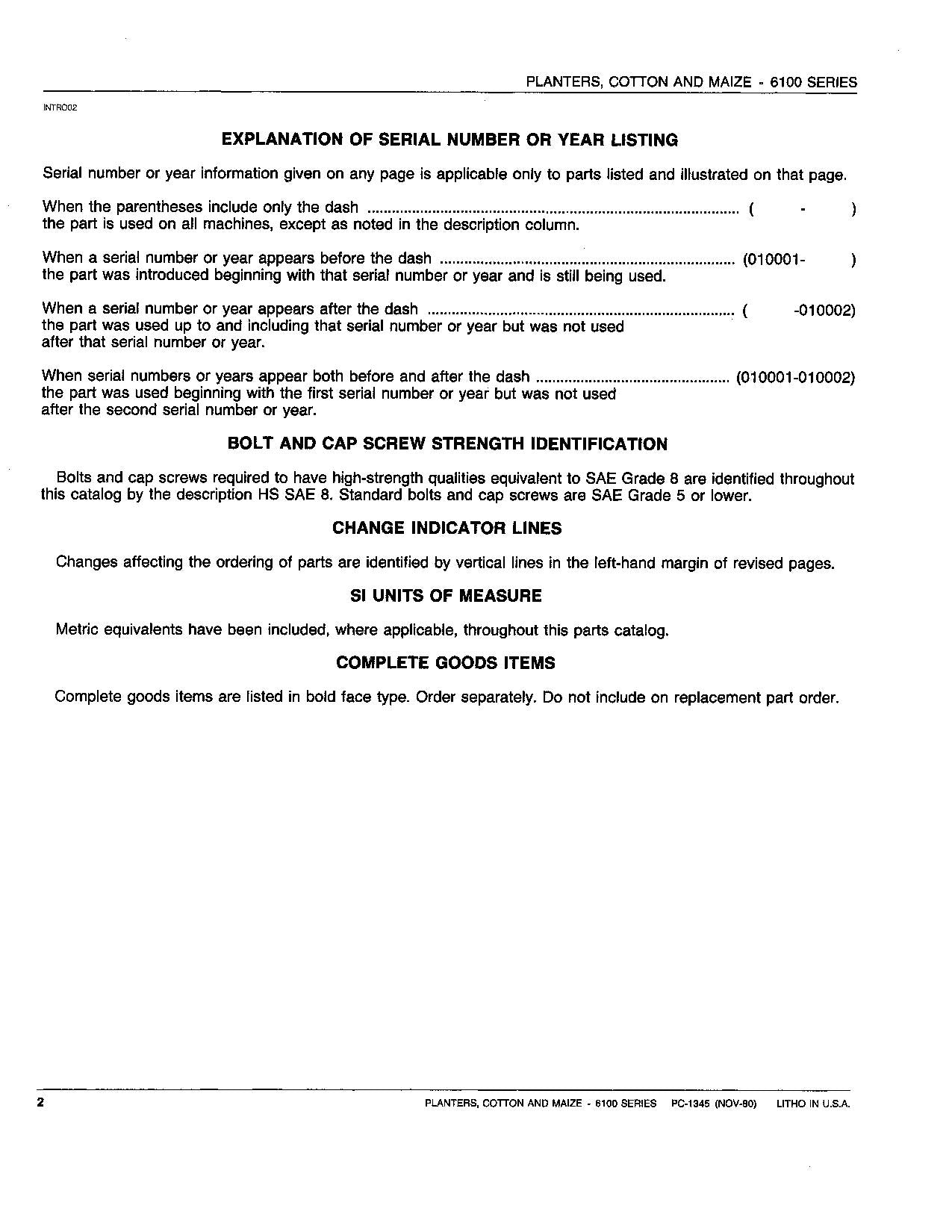 JOHN DEERE 6100 PLANTER PARTS CATALOG MANUAL #2