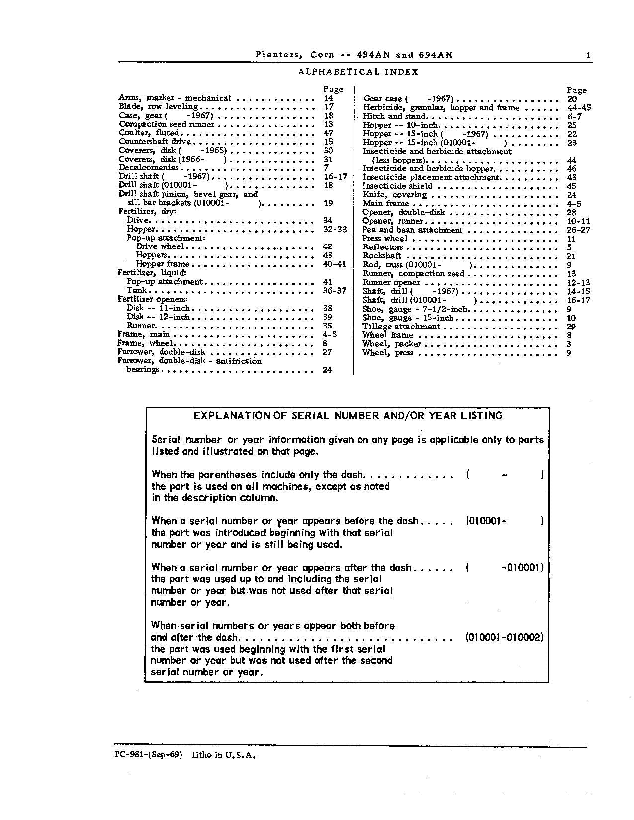 JOHN DEERE 494AN 694AN PLANTER PARTS CATALOG MANUAL