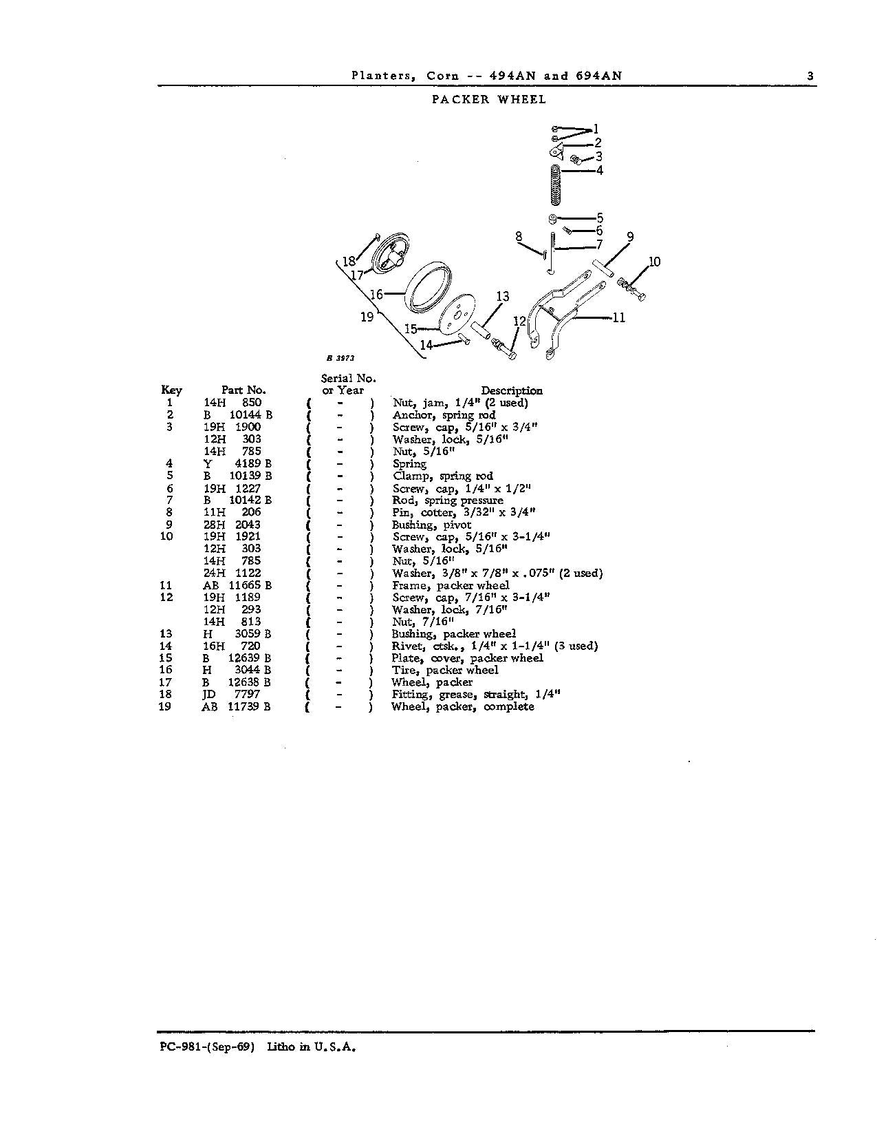 JOHN DEERE 494AN 694AN PLANTER PARTS CATALOG MANUAL