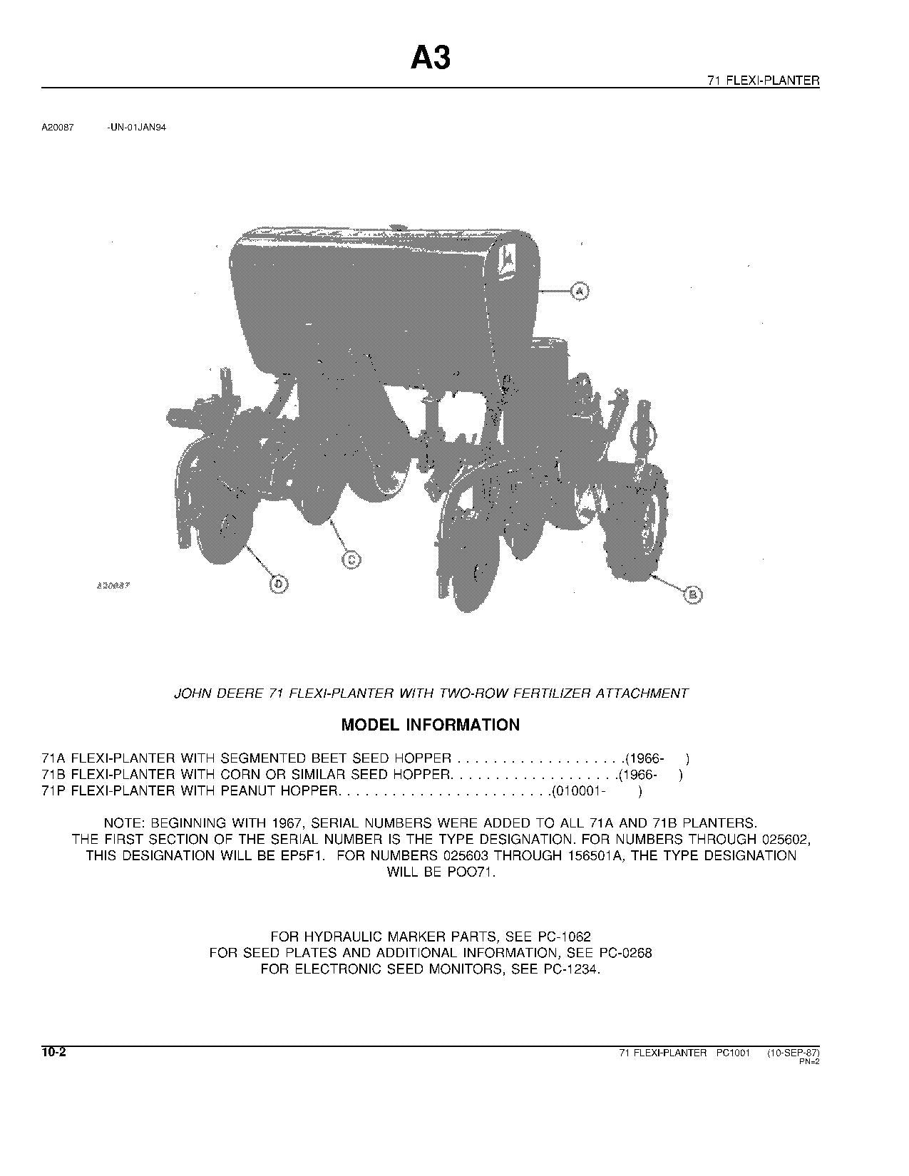 JOHN DEERE 71 PLANTER PARTS CATALOG MANUAL