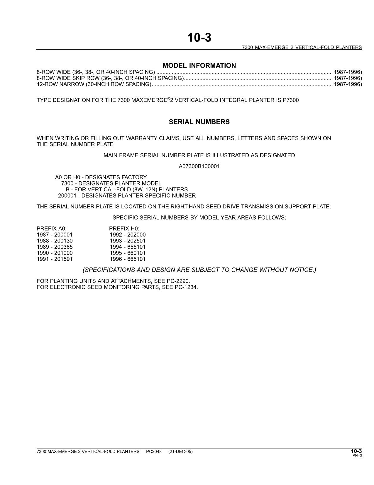 JOHN DEERE 7300 PLANTER PARTS CATALOG MANUAL #3