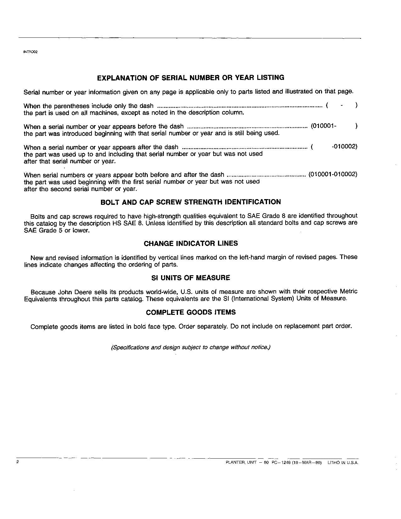 JOHN DEERE 80 PLANTER PARTS CATALOG MANUAL