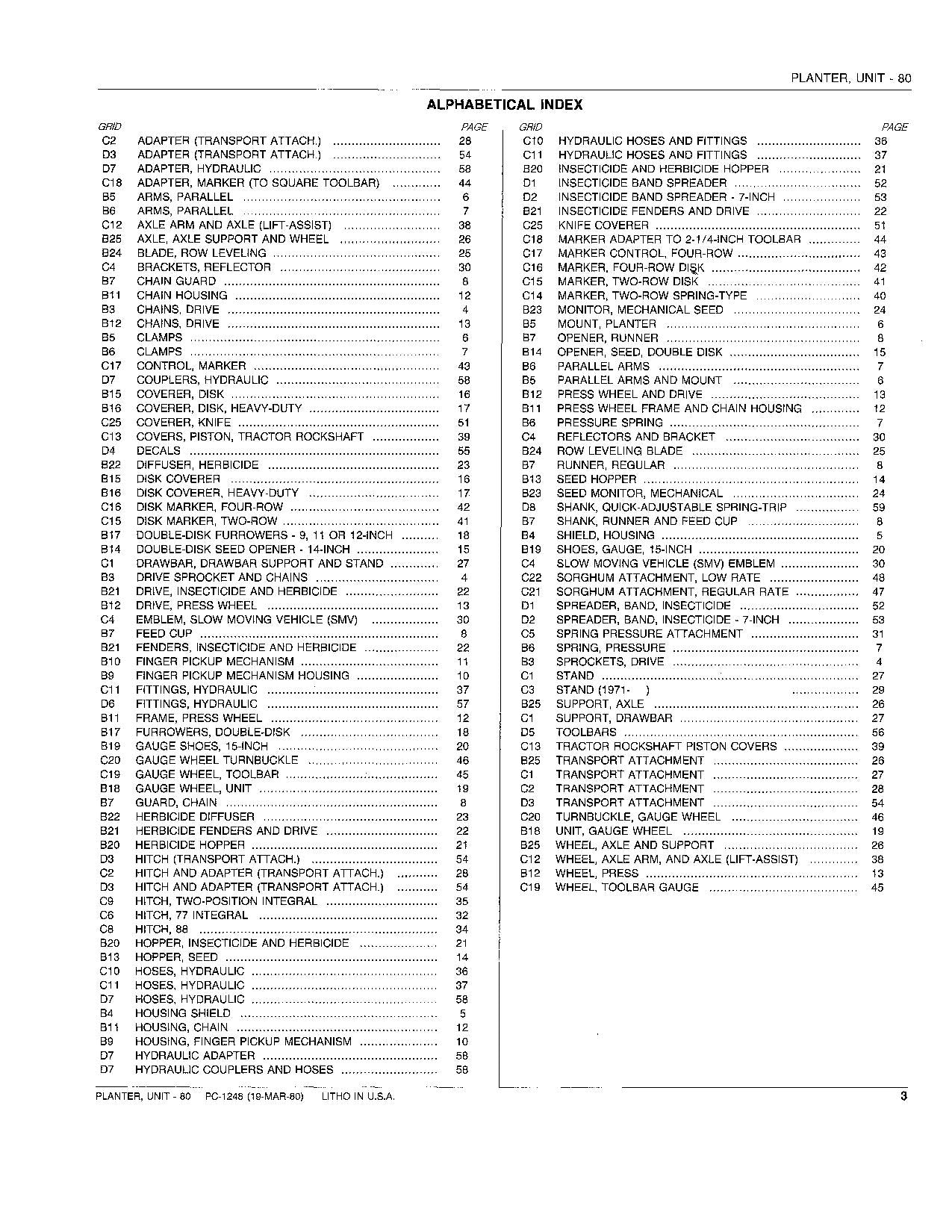 JOHN DEERE 80 PLANTER PARTS CATALOG MANUAL