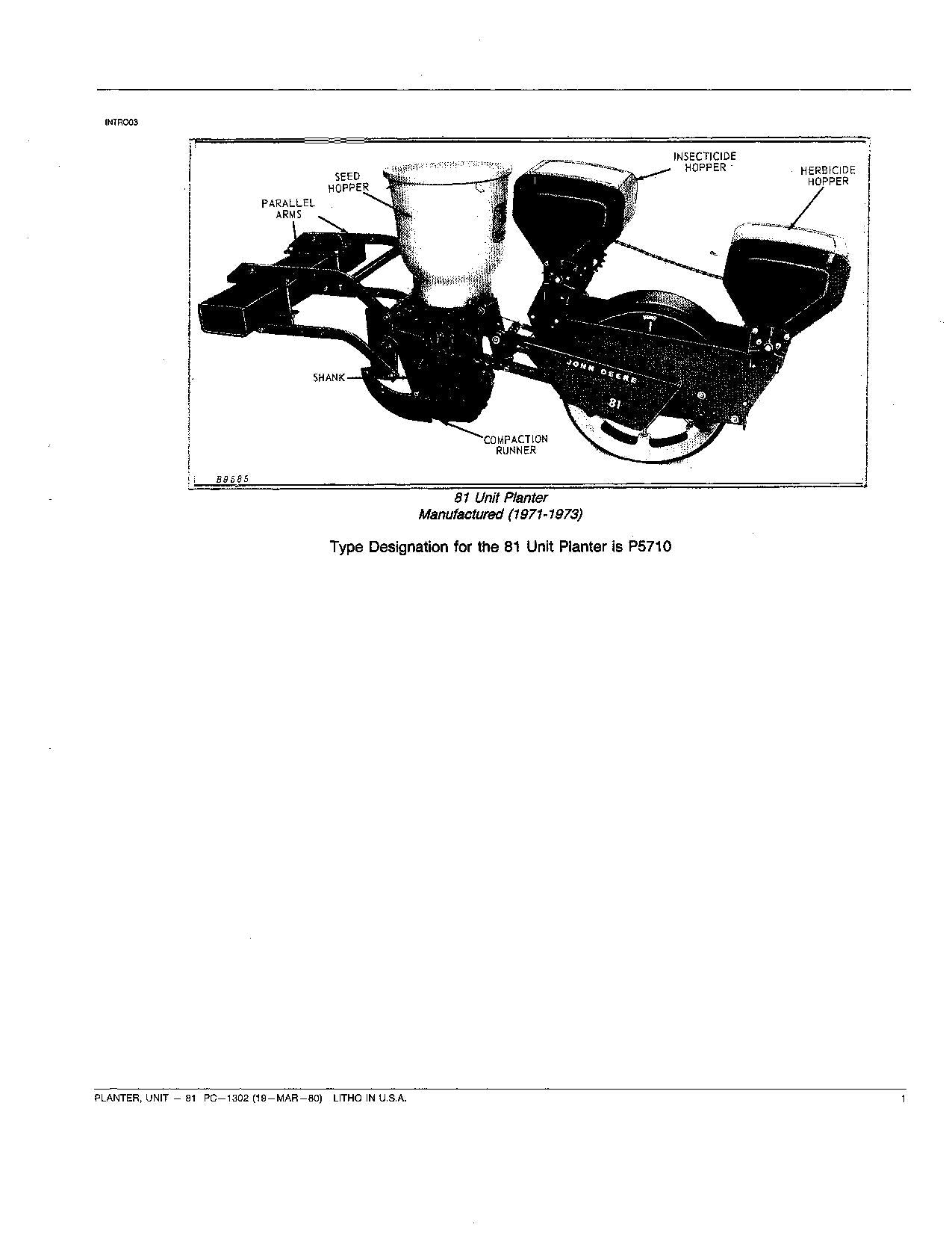 JOHN DEERE 81 PLANTER PARTS CATALOG MANUAL