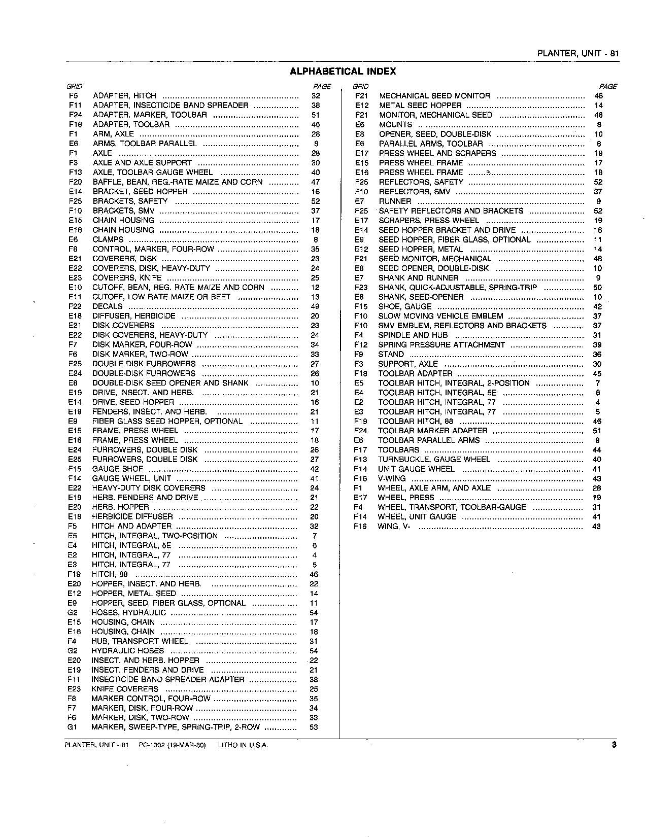 JOHN DEERE 81 PLANTER PARTS CATALOG MANUAL