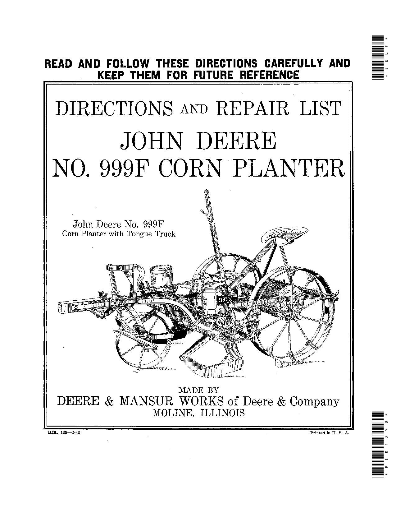 JOHN DEERE 999F PLANTER PARTS CATALOG MANUAL