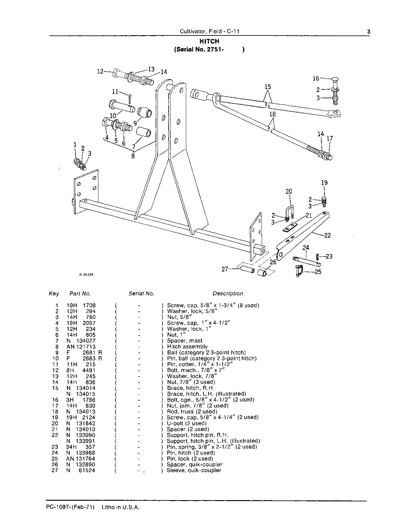 JOHN DEERE C-11 PLANTER PARTS CATALOG MANUAL