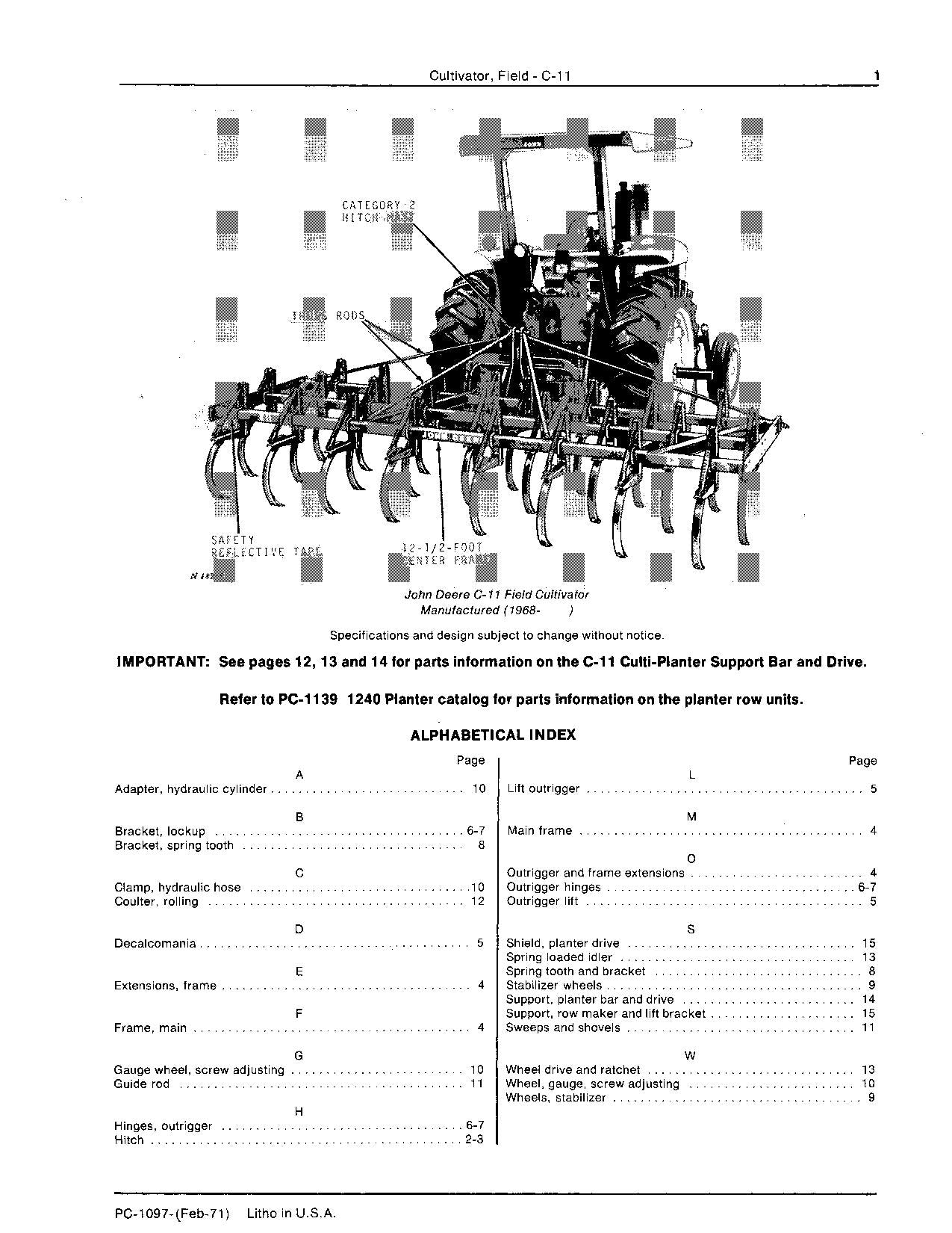 JOHN DEERE C-11 PLANTER PARTS CATALOG MANUAL