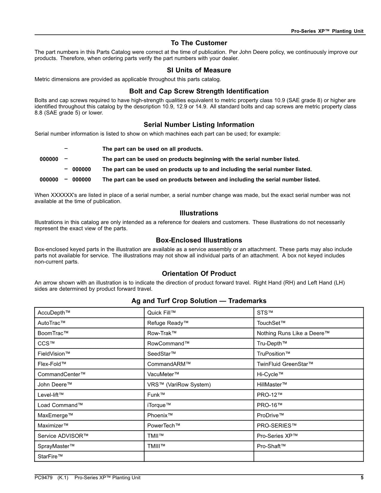 JOHN DEERE  PRO-SERIES XP PLANTING UNIT PARTS CATALOG MANUAL