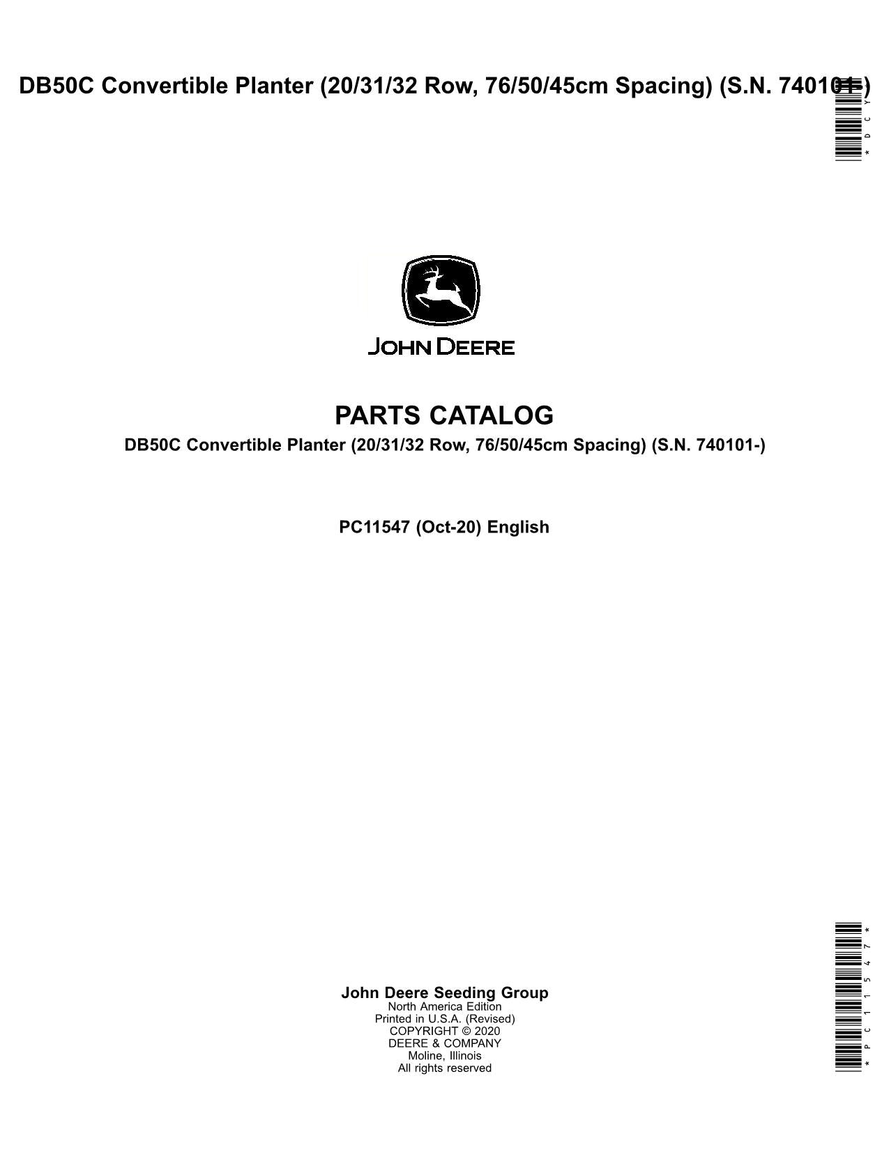 JOHN DEERE DB50C PLANTER PARTS CATALOG MANUAL