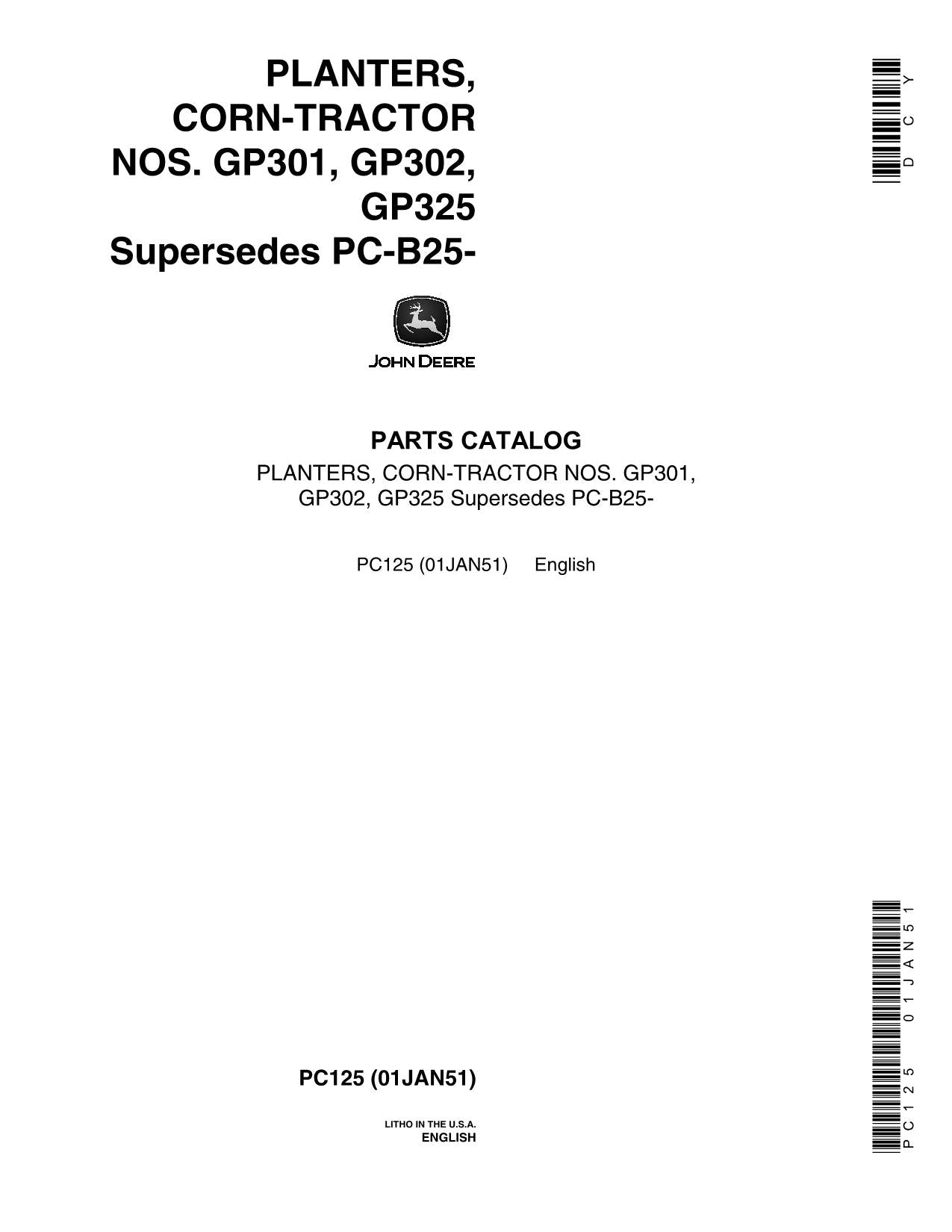 JOHN DEERE GP301  GP302  GP325 PLANTER PARTS CATALOG MANUAL