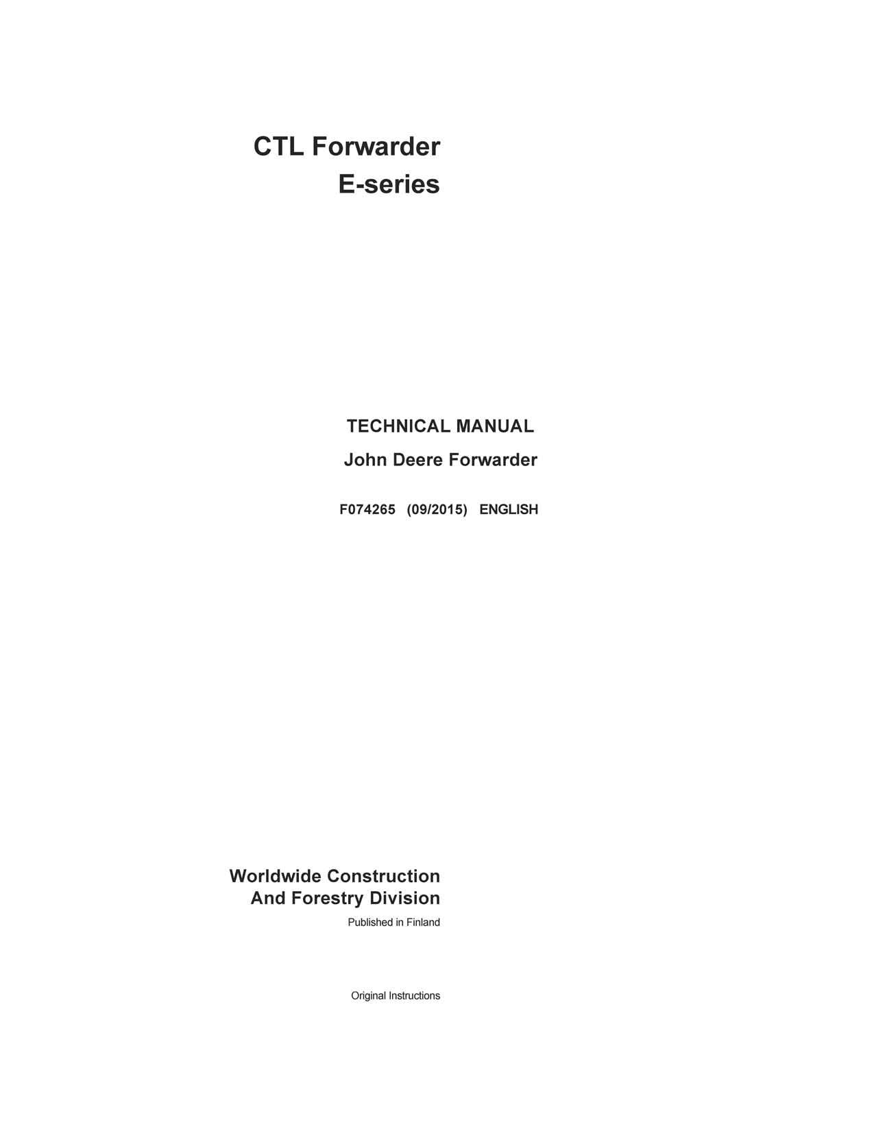 JOHN DEERE CTL FORWARDER REPAIR SERVICE TECHNICAL MANUAL F074265