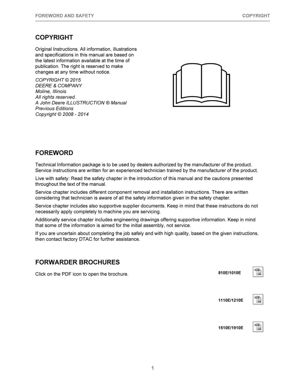 JOHN DEERE CTL FORWARDER REPAIR SERVICE TECHNICAL MANUAL F074265