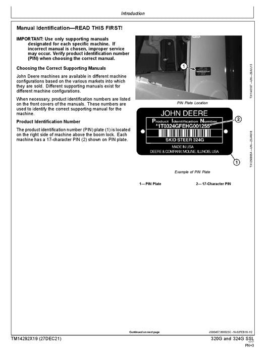 JOHN DEERE 320G 324G SKID STEER OPERATION TEST SERVICE MANUAL TM14292X19