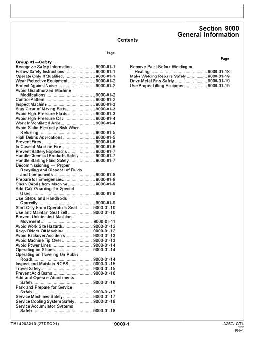 JOHN DEERE 325G SKID STEER OPERATION TEST SERVICE MANUAL TM14293X19