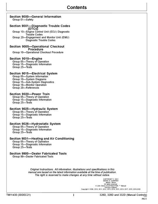 JOHN DEERE 326D 328D 332D SKID STEER OPERATION TEST MANUAL TM11430