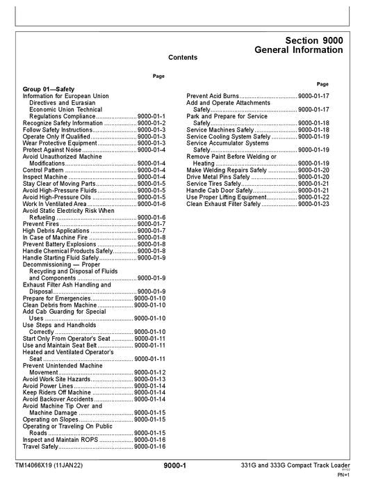 JOHN DEERE 331G 333G SKID STEER OPERATION TEST SERVICE MANUAL TM14066X19