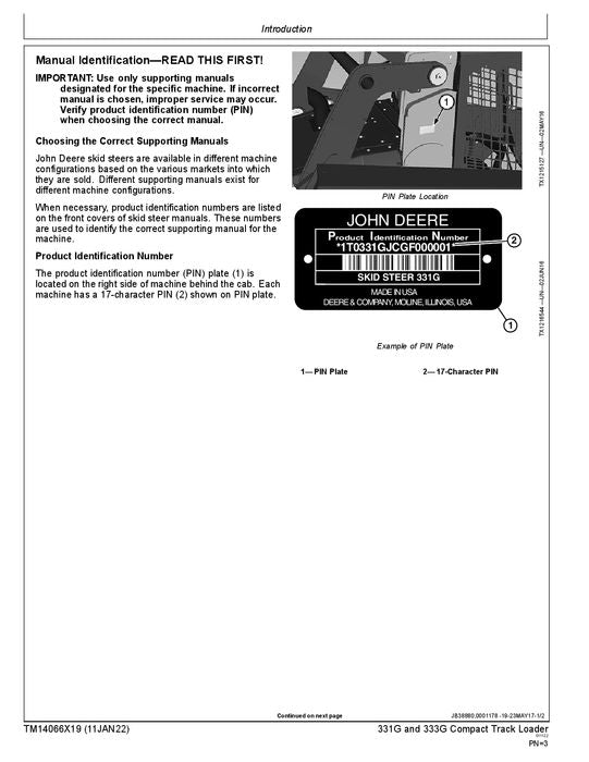 JOHN DEERE 331G 333G SKID STEER OPERATION TEST SERVICE MANUAL TM14066X19