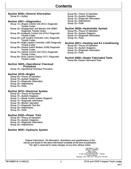 JOHN DEERE 331G 333G SKID STEER OPERATION TEST SERVICE MANUAL TM14066X19