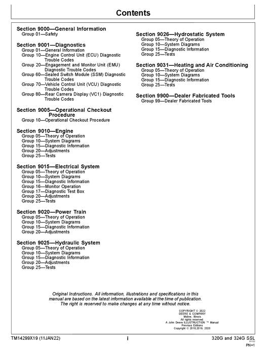 JOHN DEERE 320G 324G SKID STEER OPERATION TEST SERVICE MANUAL TM14299X19