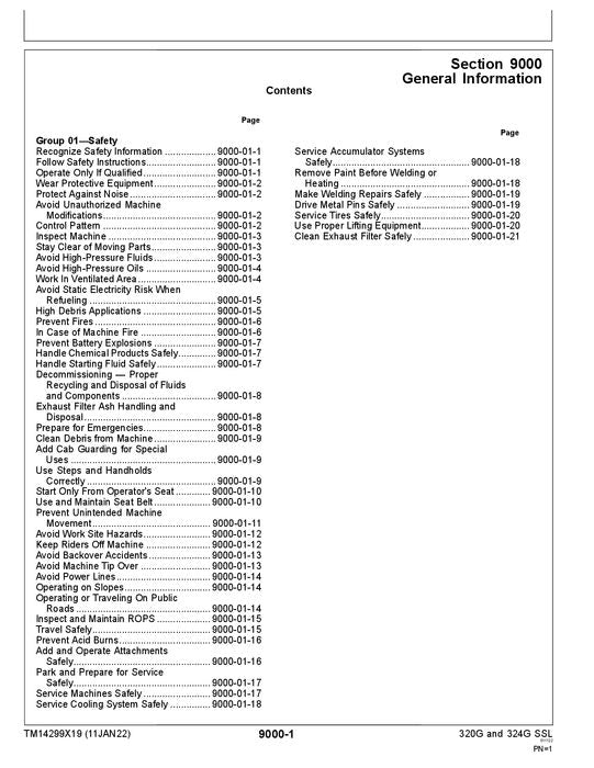 JOHN DEERE 320G 324G SKID STEER OPERATION TEST SERVICE MANUAL TM14299X19