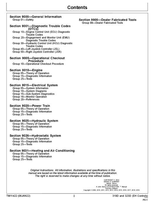 JOHN DEERE 319D 323D SKID STEER OPERATION TEST SERVICE TECHNICAL MANUAL TM11422