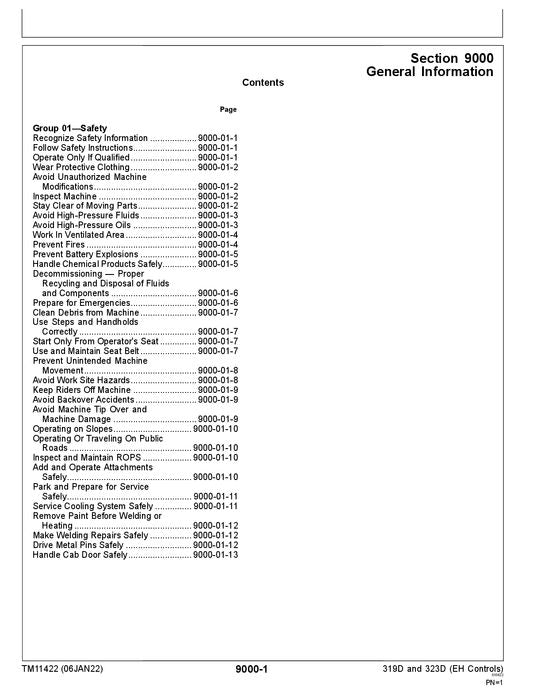 JOHN DEERE 319D 323D SKID STEER OPERATION TEST SERVICE TECHNICAL MANUAL TM11422