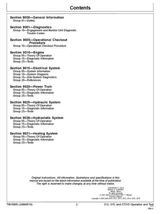 JOHN DEERE 313 315 CT315 SKID STEER OPERATION TEST MANUAL TM10605