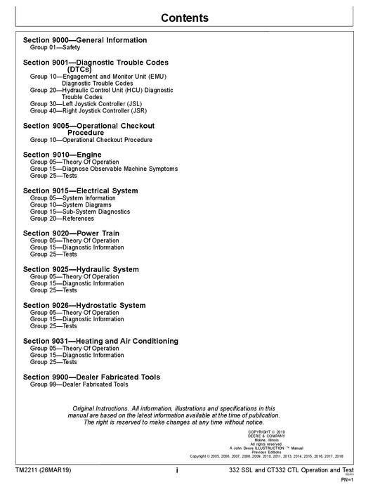 JOHN DEERE 332 CT332 SKID STEER OPERATION TEST MANUAL TM2211