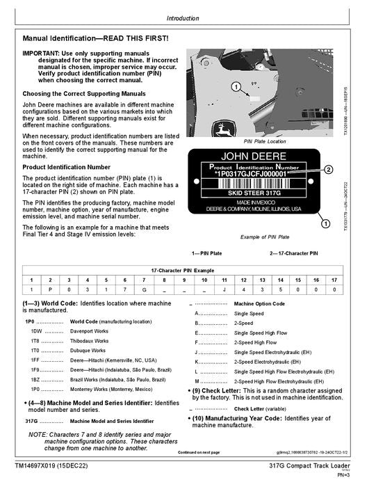 JOHN DEERE 317G SKID STEER OPERATION TEST MANUAL TM14697X019 SN J435000—