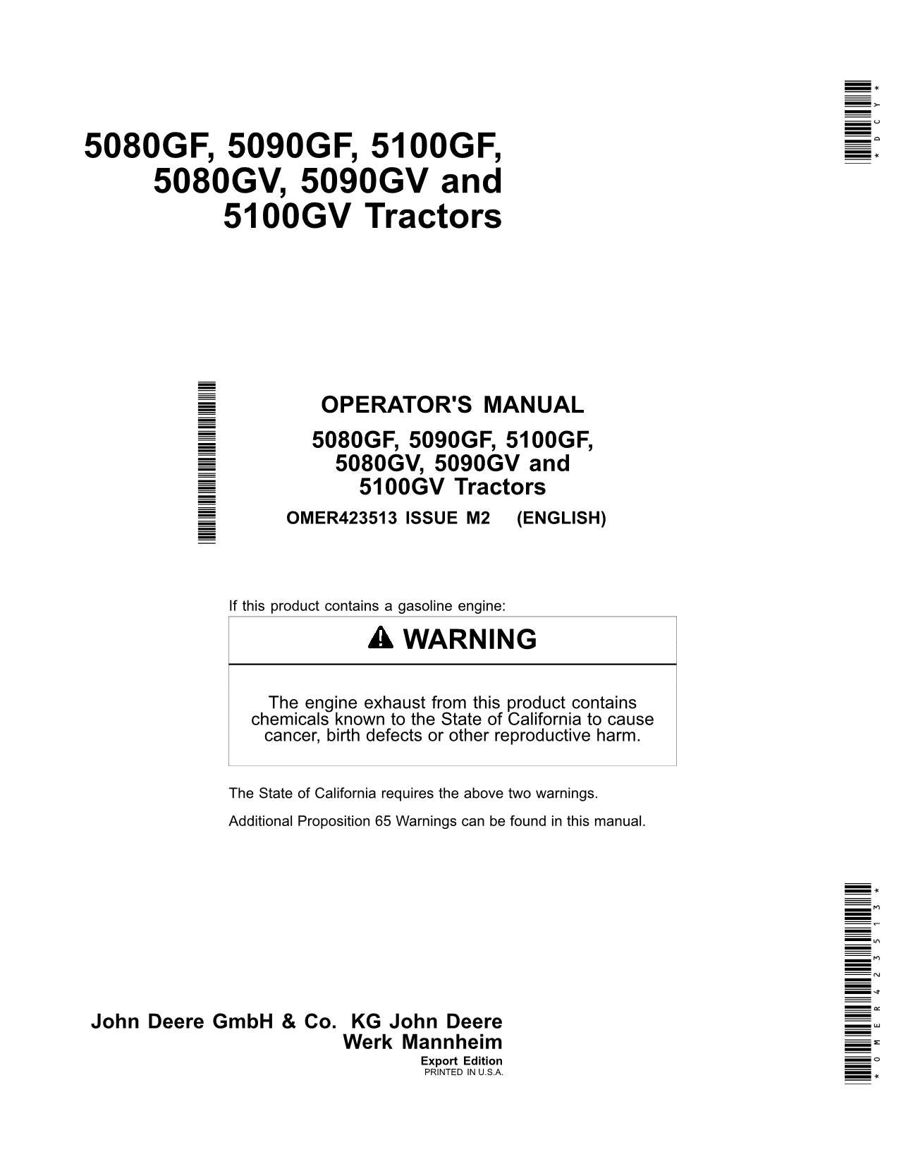 JOHN DEERE 5080GF 5090GF 5080GV 5090GV 5100GV TRACTOR OPERATORS MANUAL AUSTRALIA