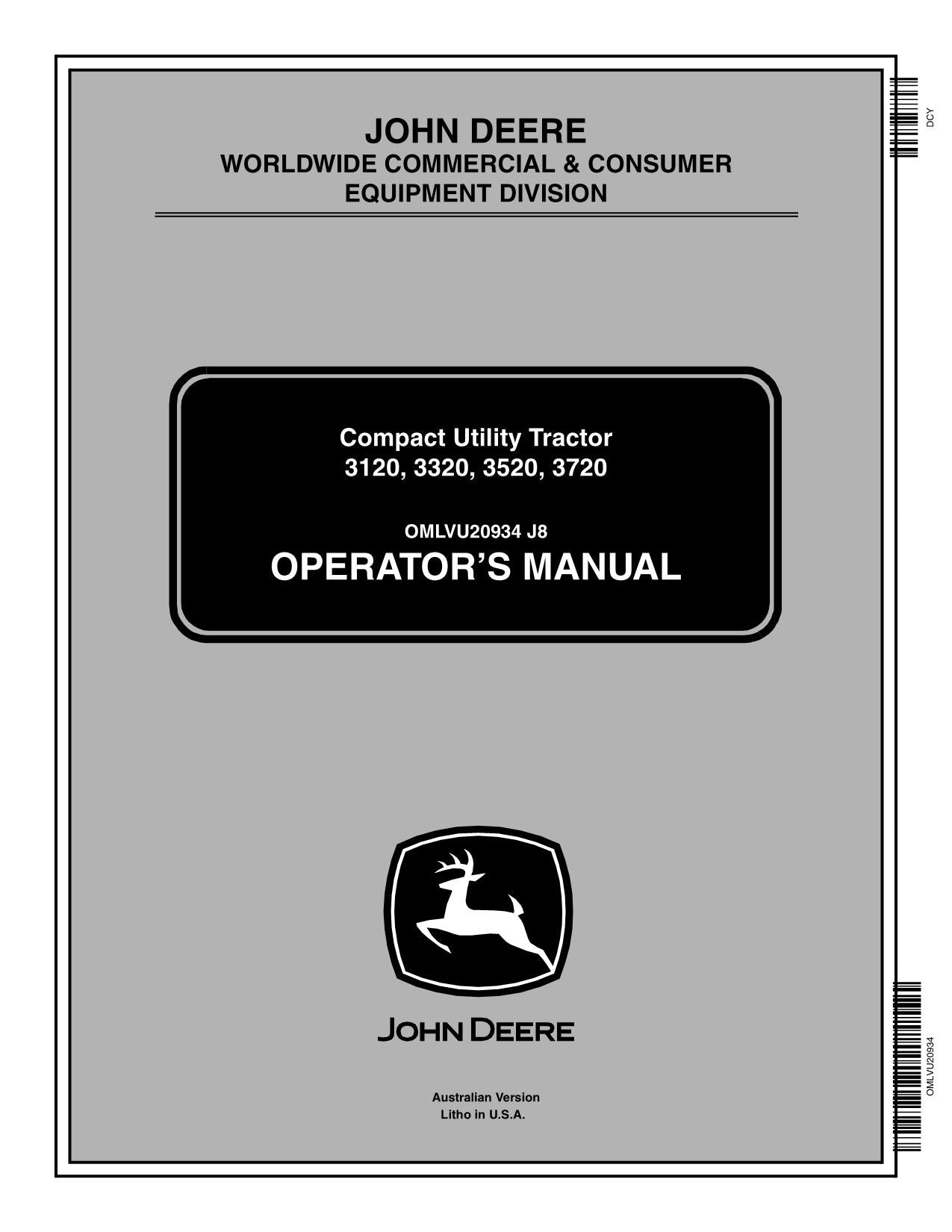 JOHN DEERE 3320 3520 3720 3120 TRAKTOR-BETRIEBSHANDBUCH AUSTRALIEN