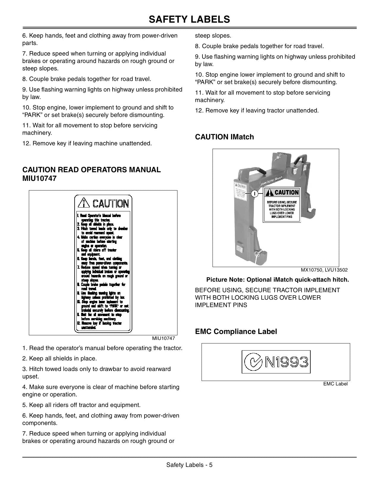 MANUEL D'UTILISATION DU TRACTEUR JOHN DEERE 4120 4320 4520 4720 AUSTRALIE 610001-