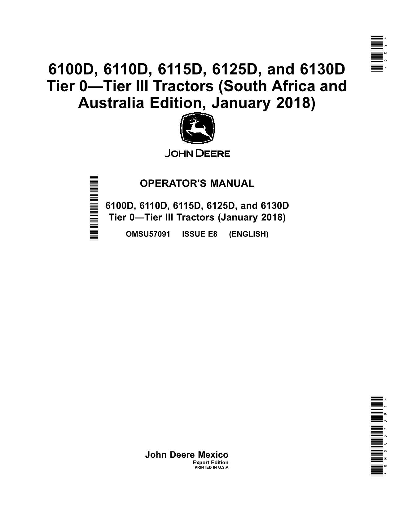 JOHN DEERE 6100D 6110D 6115D 6125D 6130D TRACTOR OPERATORS MANUAL AUSTRALIA