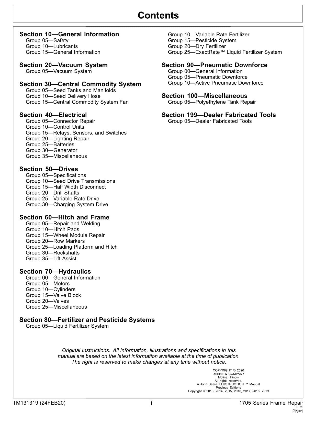 JONH DEERE 1705 SERIES PLANTER FRAME PLANTER REPAIR SERVICE MANUAL TM131319