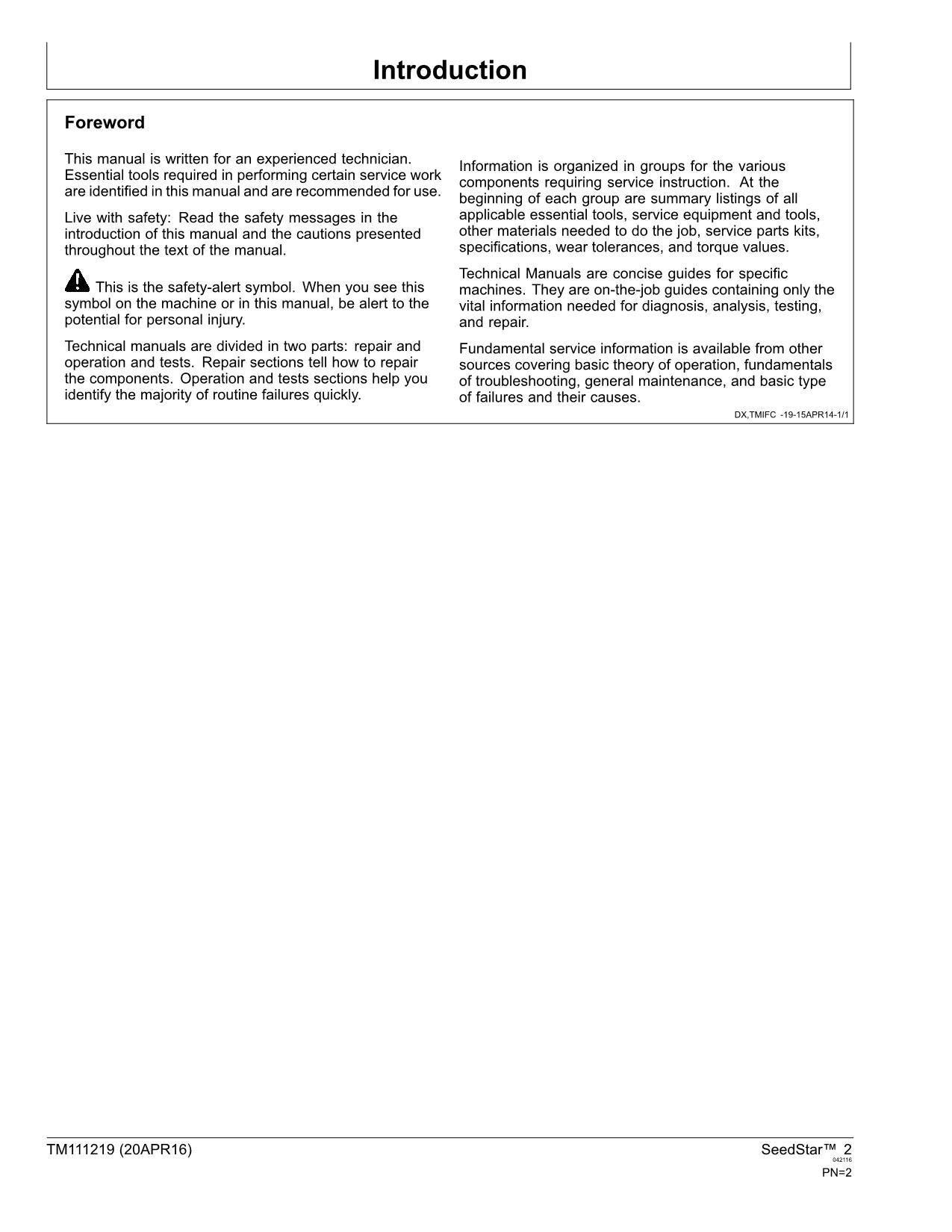 JONH DEERE 1700 SERIES SEEDSTAR PLANTER DIAGNOSTIC SERVICE MANUAL TM111219