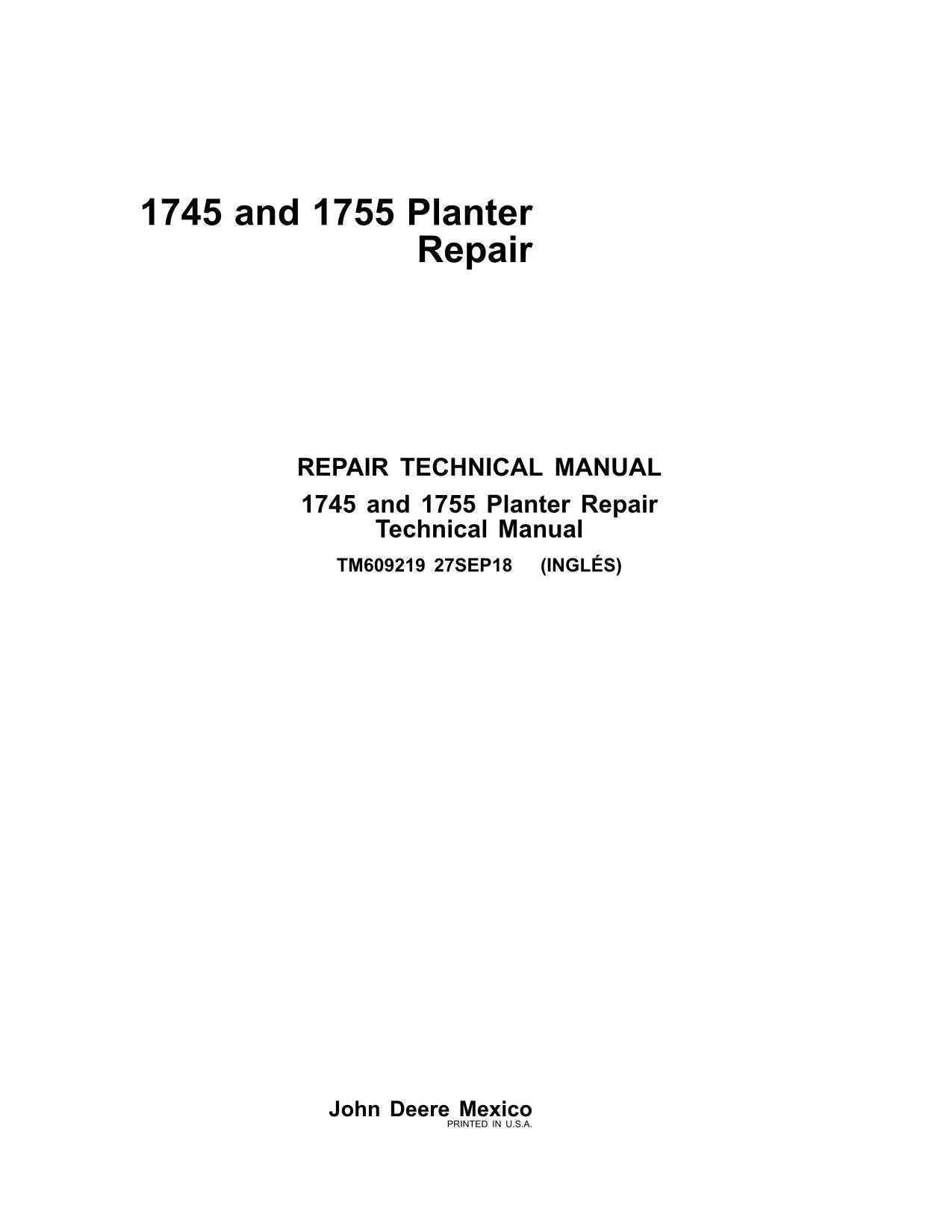 MANUEL DE RÉPARATION ET D'ENTRETIEN DU SEMOIR JONH DEERE 1745 1755 TM609219