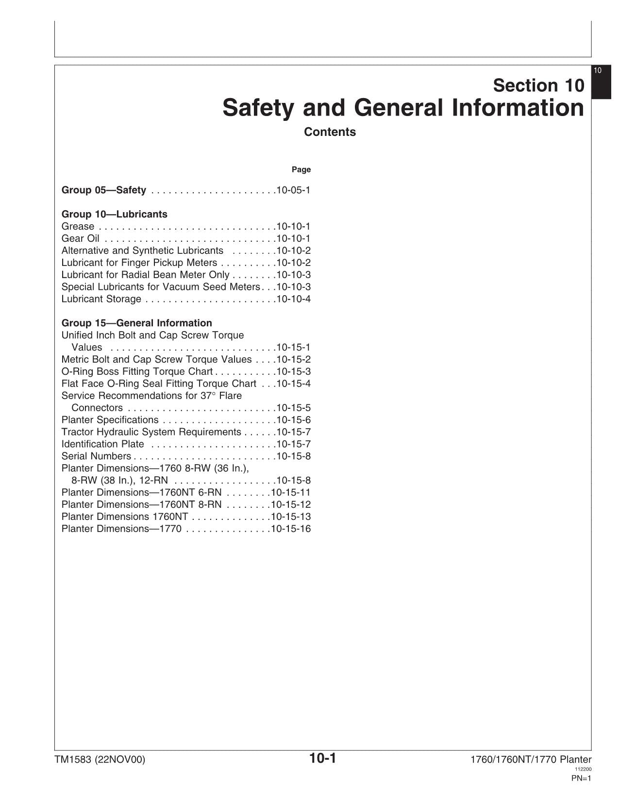 JONH DEERE 1760 1760NT 1770 12-RN PLANTER SERVICE MANUAL TM1583