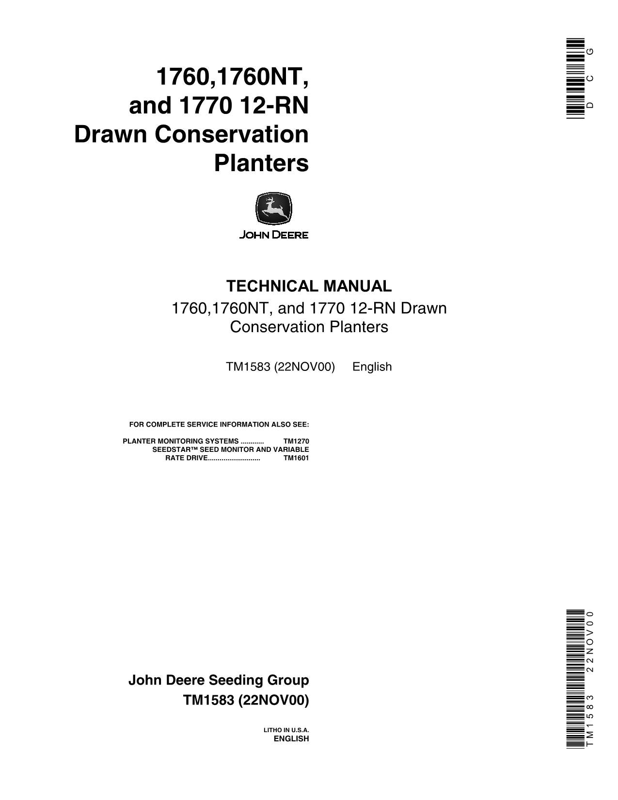 JONH DEERE 1760 1760NT 1770 12-RN PFLANZMASCHINE SERVICEHANDBUCH TM1583