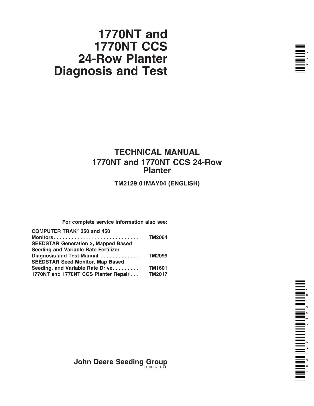 JONH DEERE 1770NT 1770NT CCS DRAWN (24RN PLANTER SERVICE MANUAL TM2129