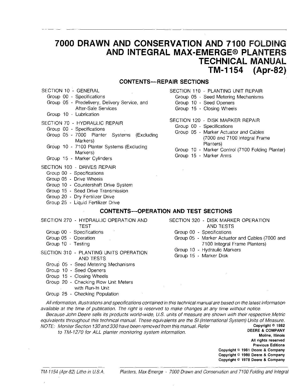 JONH DEERE 7000 7100 PLANTER SERVICE MANUAL TM1154