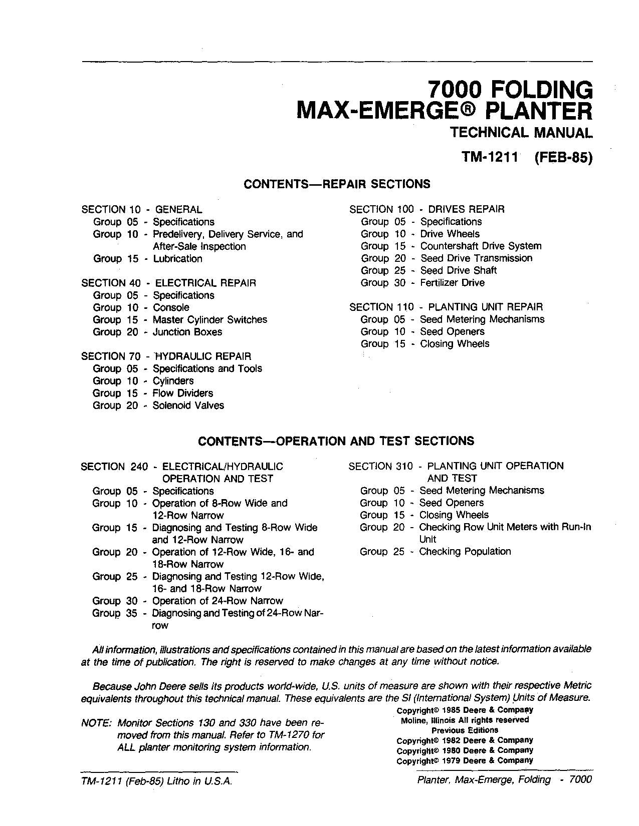 MANUEL D'ENTRETIEN DU SEMOIR PLIABLE MAXEMERGE JONH DEERE 7000 TM1211