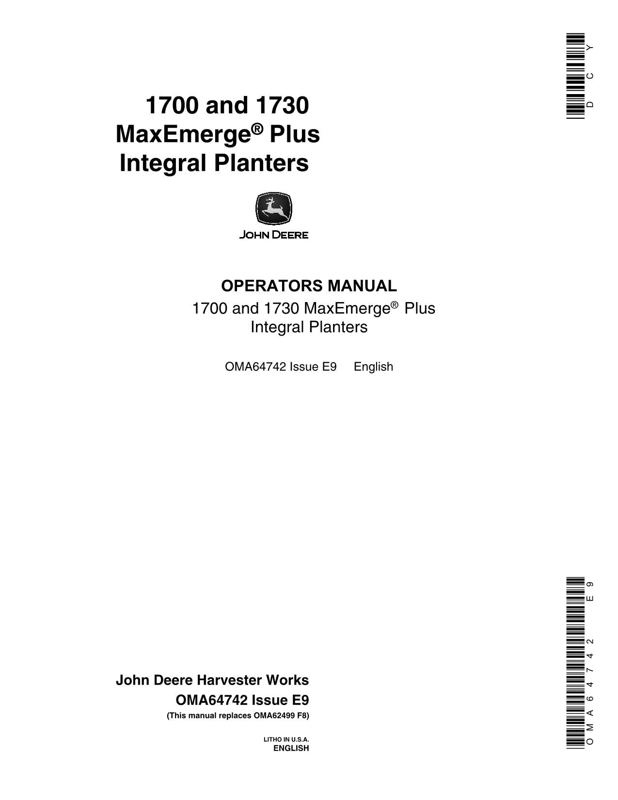 JOHN DEERE 1700 1730 PLANTER OPERATORS MANUAL #2