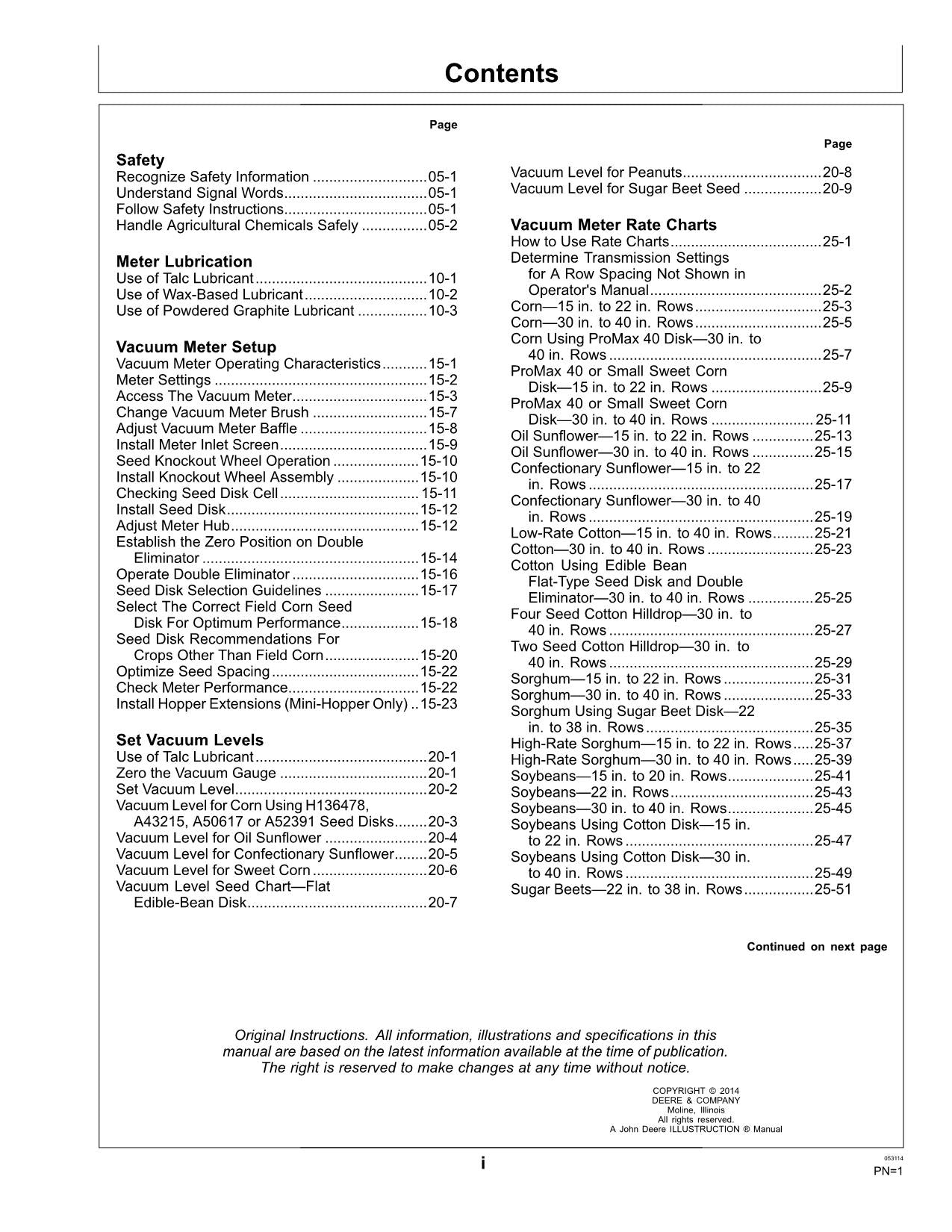 JOHN DEERE RATE CHARTS SETTINGS PLANTER OPERATORS MANUAL