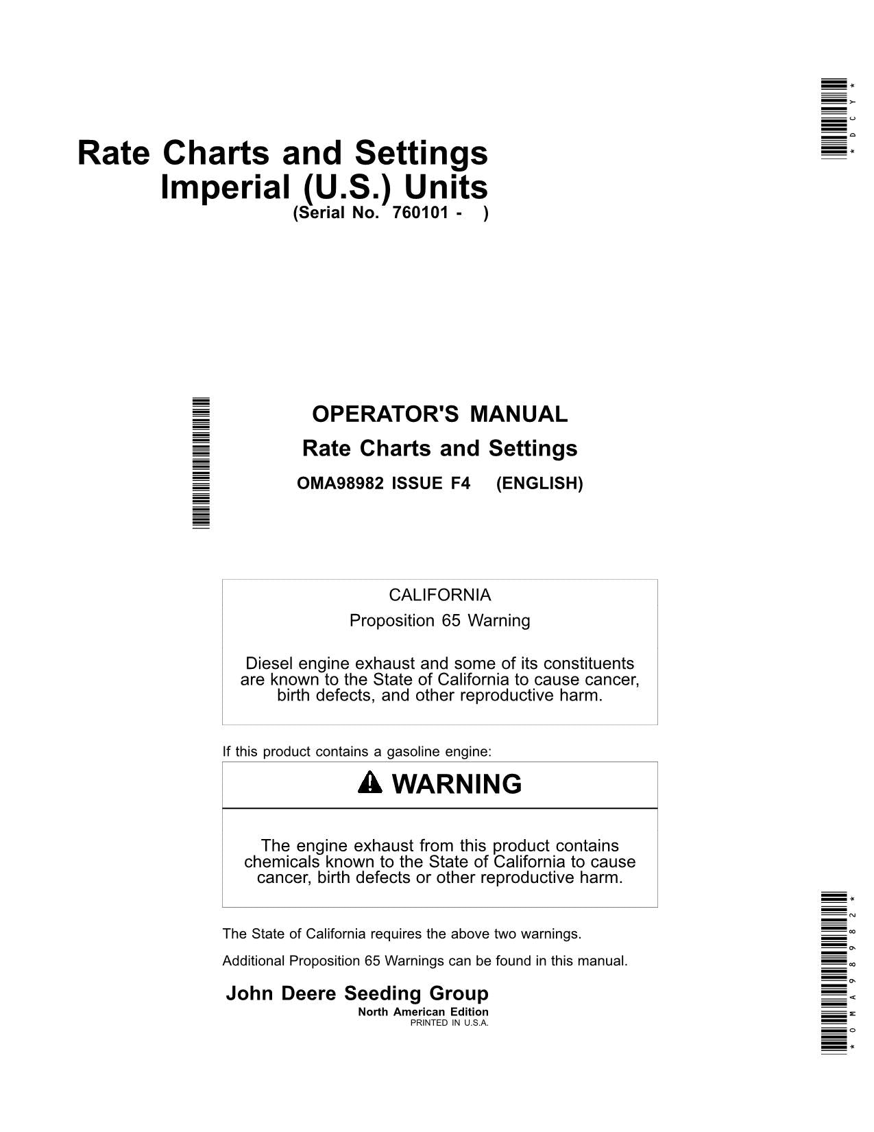 JOHN DEERE RATE CHARTS SETTINGS PLANTER OPERATORS MANUAL