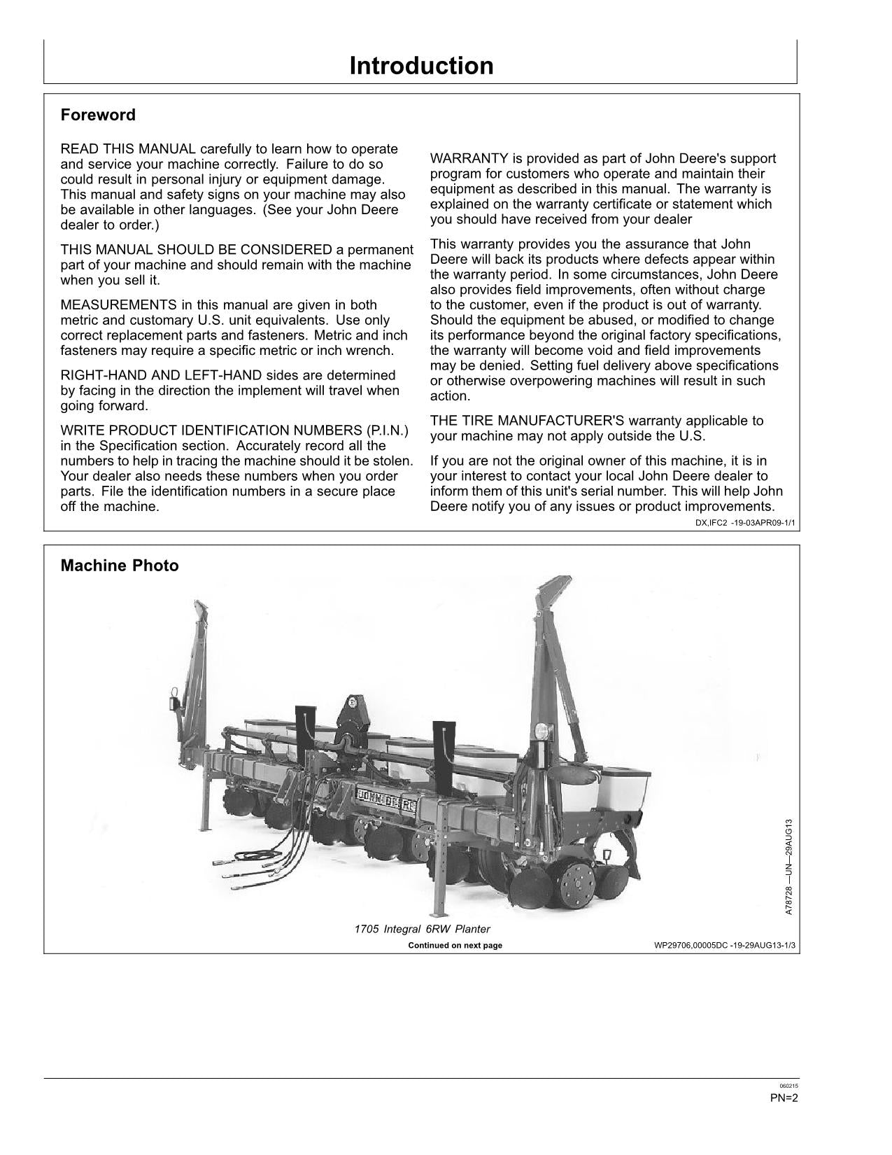 JOHN DEERE 1705, 1715 1735 INTEGRAL PLANTER OPERATORS MANUAL #2