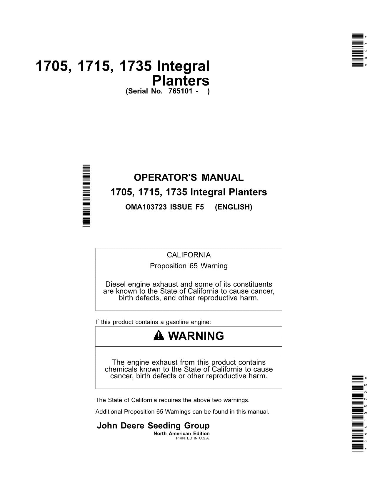 JOHN DEERE 1705, 1715 1735 INTEGRAL PLANTER OPERATORS MANUAL #2